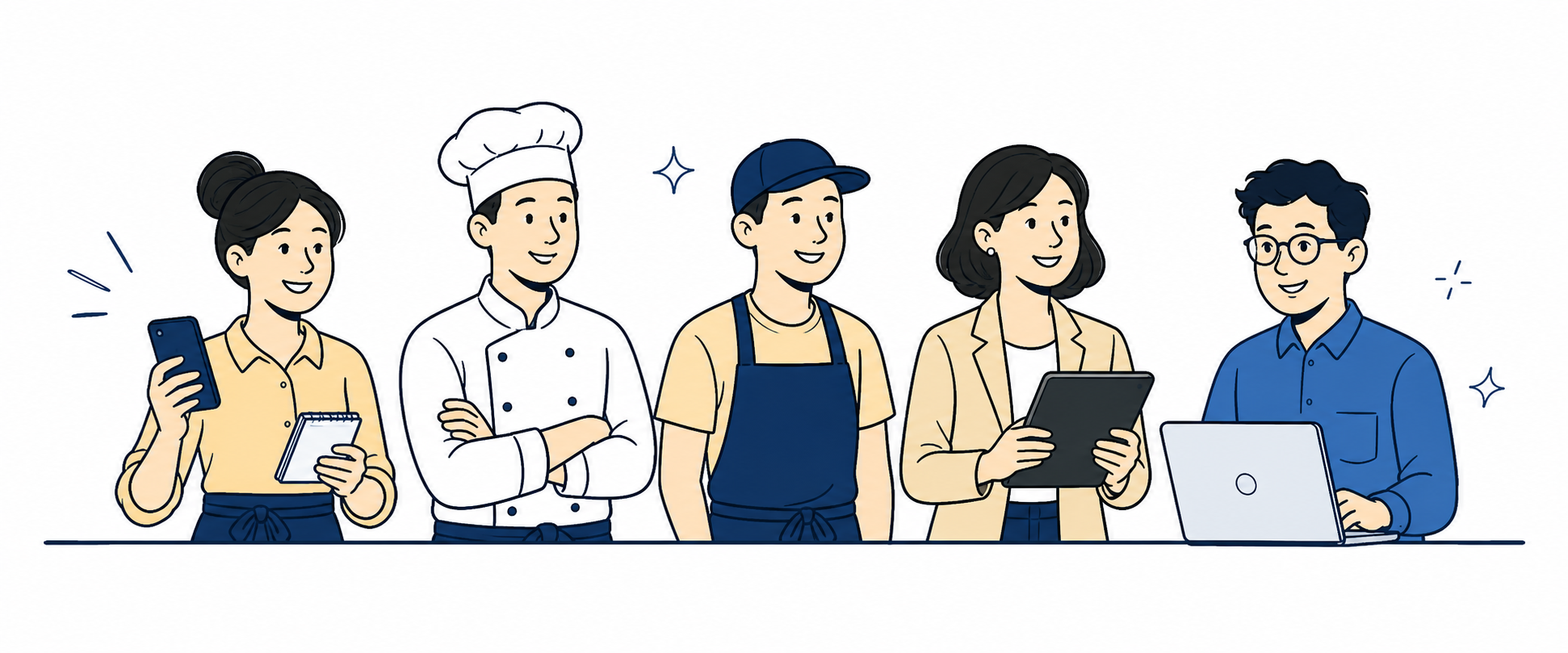 Restaurant floor managers, chefs, operations staff, and an owner working together