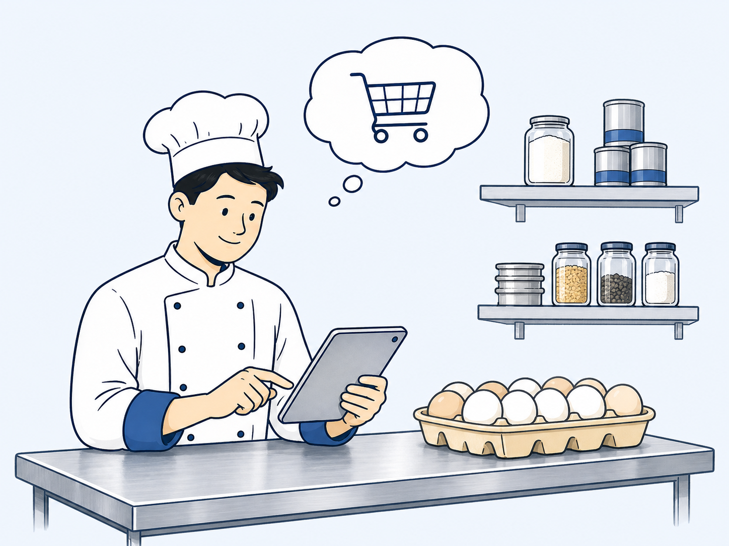 Chef ordering eggs from a tablet in a restaurant pantry