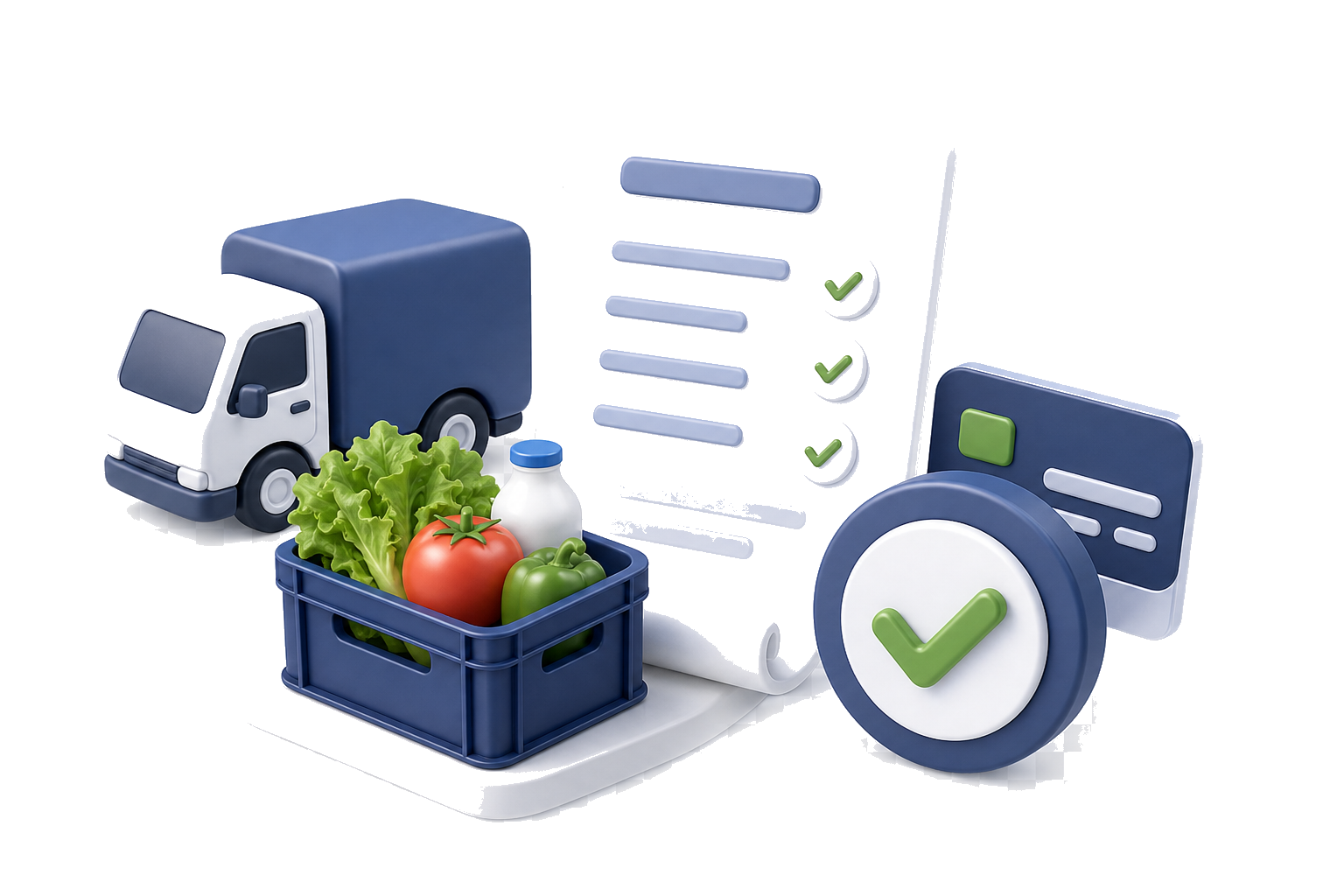 Illustration of delivery confirmation, invoice checks, payment approval, and supplier history.